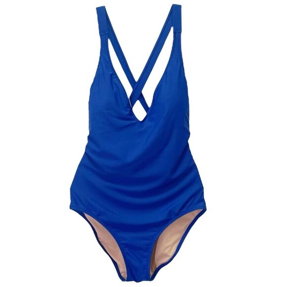 J. Crew Cross Back One Piece Swimsuit Royal Blue Size 8 V-Neck Plunge Low Back - Picture 2 of 13